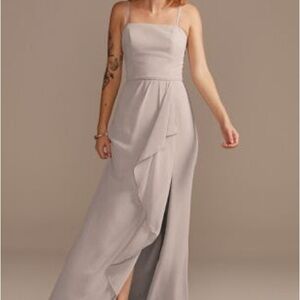 David's Bridal Taupe Ruffled Slit Spaghetti-Strap Gown